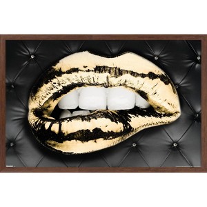 Trends International Reinders: Glam - Gold Lips Framed Wall Poster Prints Mahogany Framed Version 22.375" x 34" - 1 of 4