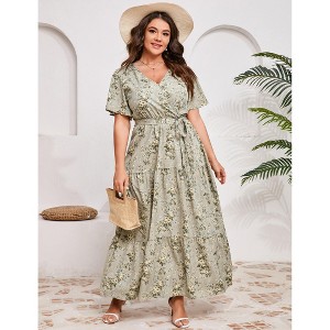 YESFASHION V Neck Wrap Maxi Dress for Women Plus Size High Waist Ruffle Casual Summer Dress with Belt - 1 of 4