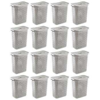 Sterilite Plastic Wicker Style Weave Laundry Hamper, Portable Slim Clothes Storage Basket Bin with Lid and Handles, Cement Gray, 16-Pack