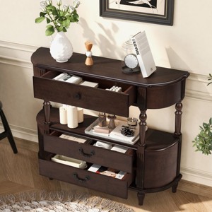 43" Retro Curved Console Table with Drawers, Solid Wood Legs Sofa Table Behind Couch, Entryway or Hallway Table with Storage Shelf-Panipeachy - 1 of 4