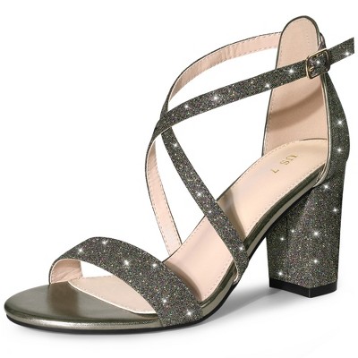 Allegra K Women's Glitter Buckle Closure Crisscross Strap Block Heels Sandals