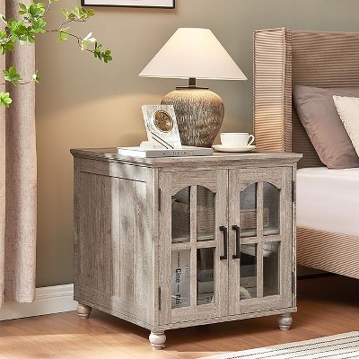 Gericco Farmhouse End Table Set of 2 with Charging Station, 18'' Narrow Side Table and 24" Large Sofa Table with Glass Barn Door Storage