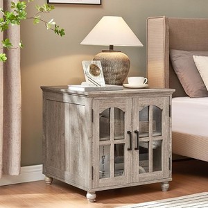 Gericco Farmhouse End Table Set of 2 with Charging Station, 18'' Narrow Side Table and 24" Large Sofa Table with Glass Barn Door Storage - 1 of 1