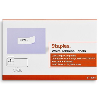 Staples Laser/Inkjet Address Labels 1"H x 2 5/8"W White 30 Labels/Sheet 573946