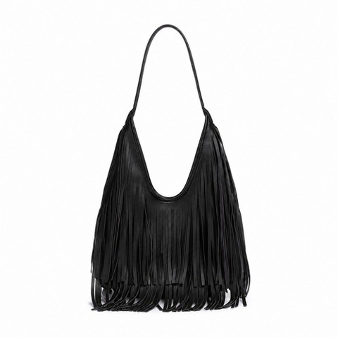 Alilang Women's Fringe Shoulder Bag Beige Suede Look Boho Hobo Purse with Long Strap - Light Beige