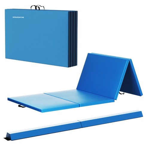 BalanceFrom Fitness All-Purpose Folding Anti Tear 4 Panel Fitness Mat w/  Sectional Floor Balance Beam for Aerobics & Gymnastics, Blue