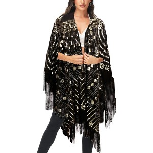 Anna-Kaci Women's Semi Sheer Boho Sequin Fringe Sparkle Drop Shoulder Shrug - 1 of 4