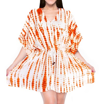 LA LEELA Women's House Daily Routine Evening Wear Vacation Casual Dailywear Holiday Relaxed Fit Caftan Short Loungewear 2X-3X Orange, Tie Dye Design