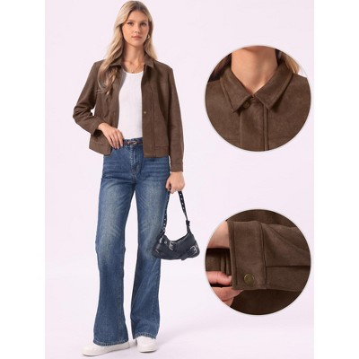 INSPIRE CHIC Women's Point Collar Long Sleeves Solid Business Casual Suede Jacket with Zipper and Pockets Medium Coffee — фото 2