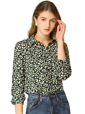 Allegra K Women's Point Collar Long Button Sleeve Button Down Floral Shirt