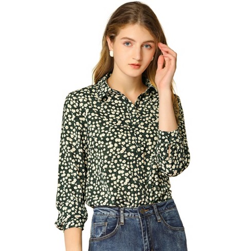 Allegra K Women's Point Collar Long Sleeve Button Down Floral Shirt ...