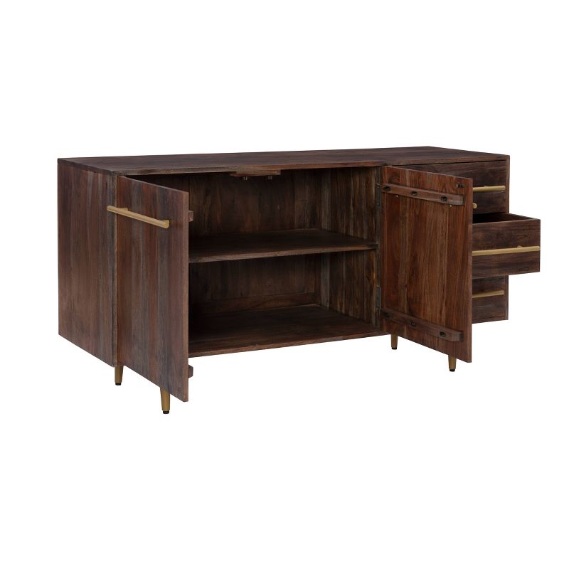 58&#34; Adair Mid Century Modern Storage Console Solid Wood Gold Handle 2 Doors 3 Drawer Brown - Powell, 4 of 16