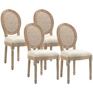 HOMCOM French-Style Upholstered Dining Chair Set, Armless Accent Side Chairs with Rattan Backrest and Linen-Touch Upholstery, Set of 4, Cream White - 1 of 4