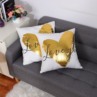 2 Pcs 18"x18" Polyester Gold Stamping Soft Heart Print Decorative Pillow Cover White - PiccoCasa