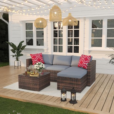 5 Pieces Patio Furniture Set, Outdoor Glass Table and Cushions with Rattan Wicker Chairs, Porch, Balcony, Backyard, Garden