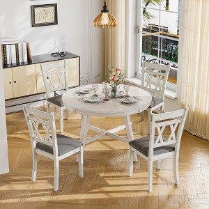 VECELO Rustic Dining Table Set, Rubber Wood Round Table and Upholstered Dining Chairs for Kitchen, Gray - 1 of 4
