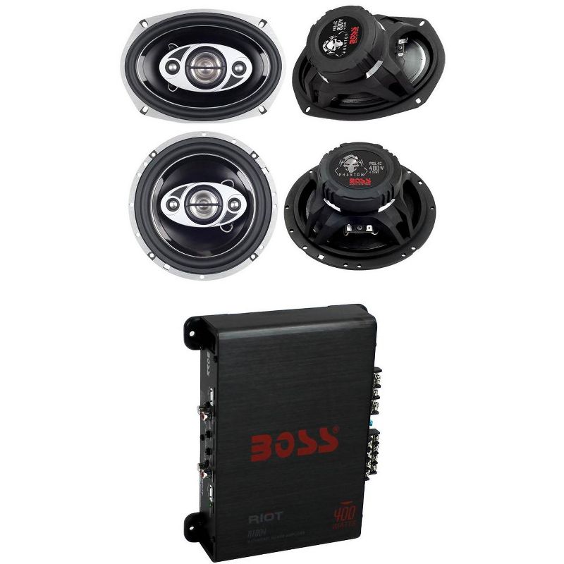 2) Boss P694C 6x9-Inch 800 Watt Phantom Speakers, 2) Boss P654C 6.5-Inch 400 Watt 4-Way Car Speakers, and Boss R1004 400 Watt 4-Channel Amplifier, 1 of 7