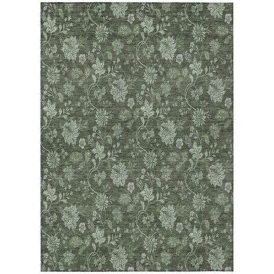Olive Green And Artichoke Green Floral Washable Indoor Outdoor Area Rug