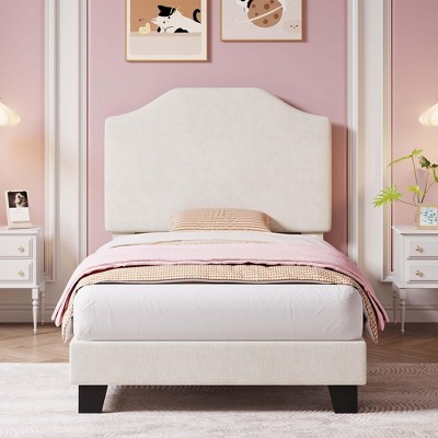 Twin Bed Frames, Corduroy Upholstered Twin Size Bed Frame Platform with Adjustable Headboard, Cute Velvet Twin Bed, Strong Wooden Slats