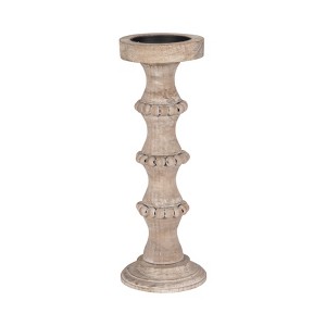 Wood Pillar Candle Holder with Decorative Beads, Antique Finish Candlestick for Home or Wedding Decor, Ivory/Beige - 1 of 4