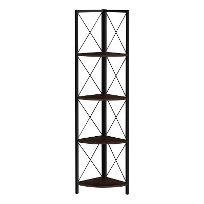 Monarch Specialties Bookshelf Bookcase Etagere Corner 4 Tier 60InchH Office Bedroom Metal Laminate Brown Black Contemporary Modern