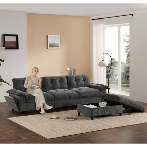 104" Tufted Chenille Upholstery L-Shaped Sectional Sofa with Pull-Out Armrest, Dual USB Ports, Cup Holder, Storage Ottoman, Side Pockets, - 1 of 4