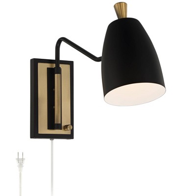 360 Lighting Mid Century Modern Swing Arm Lamp Black Antique Brass Plug-In Light Fixture Rounded Shade Bedroom Reading Living Room