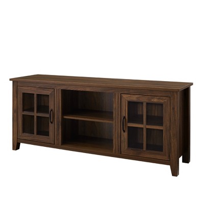 Vynxaria Farmhouse Glass & Wood TV Stand for TVs up to 65" - Dark Walnut Finish