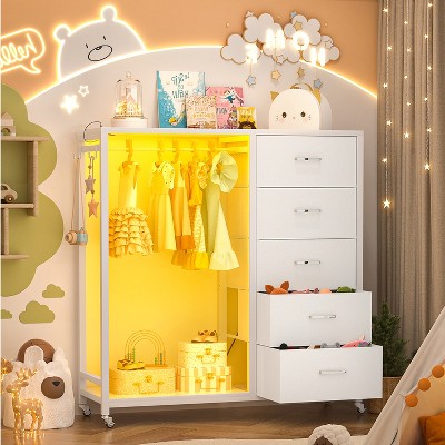 Aheaplus Rollway Dresser with Charge Station and LED Light, Chest With Drawers for Kids Room