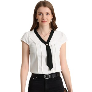 INSPIRE CHIC Women's Tie Neck Cap Sleeve Pleated Blouse - 1 of 4