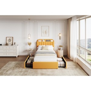 Yellow Bed Frame with 2 Flexible Drawers and Bookcase Headboard, Boucle Upholstered Platform Bed, Noise-Free, Easy Assembly, No Box Spring Needed - 1 of 4