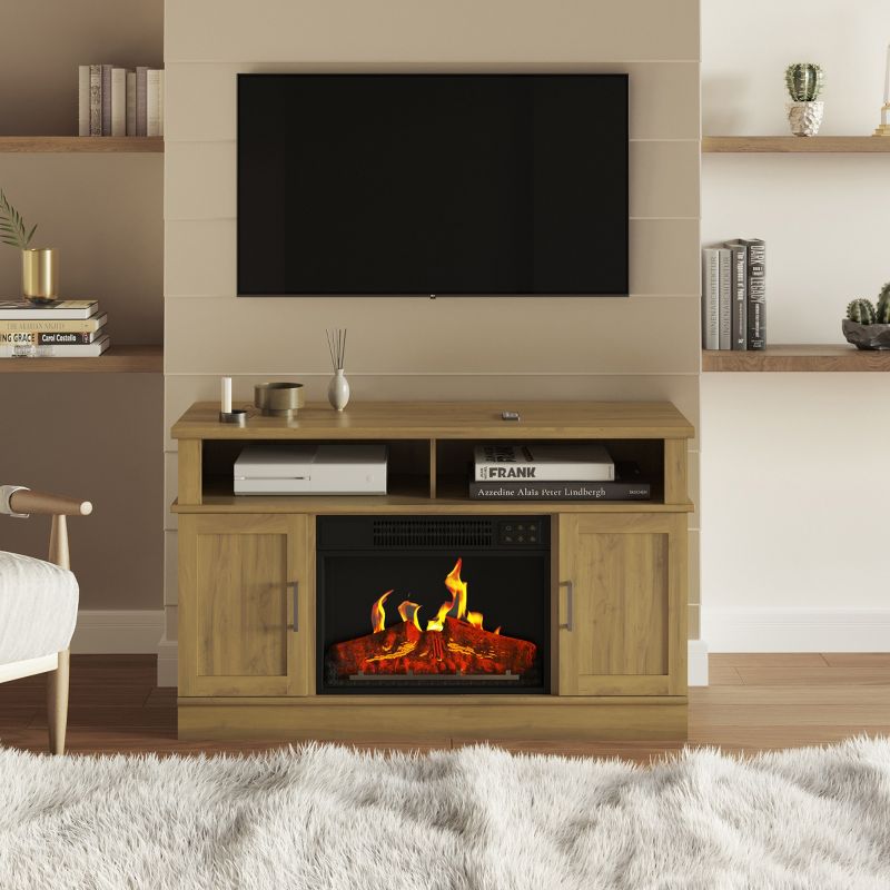 TV Stand with Electric Fireplace - Media Console with Storage Cabinet, Remote Control, Adjustable Heat, and LED Flames by Northwest (Brown), 4 of 13