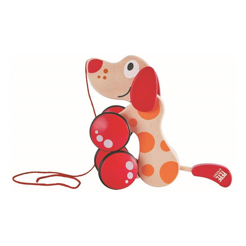 Hape Walk A Long Pepe the Puppy Wooden Push Pull Toy Can Sit, Stand, Roll, with Rubber Rimmed Wheels, for Toddlers Ages 1 and Up, Red and Orange, 3 of 6