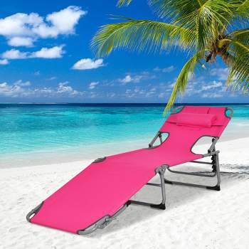 Costway Outdoor Beach Lounge Chair Folding Chaise Lounge with Pillow Pink