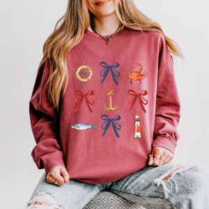 Simply Sage Market Coquette Nautical Collage Lightweight Garment Dyed Sweatshirt - L - Crimson - 1 of 4