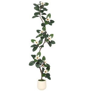 homfan Artificial Rubber Tree with Magnolia Flowers,Tall Fake Tree with White Planter and Moss Decor,for Home Living Room Porch Decor - 1 of 4