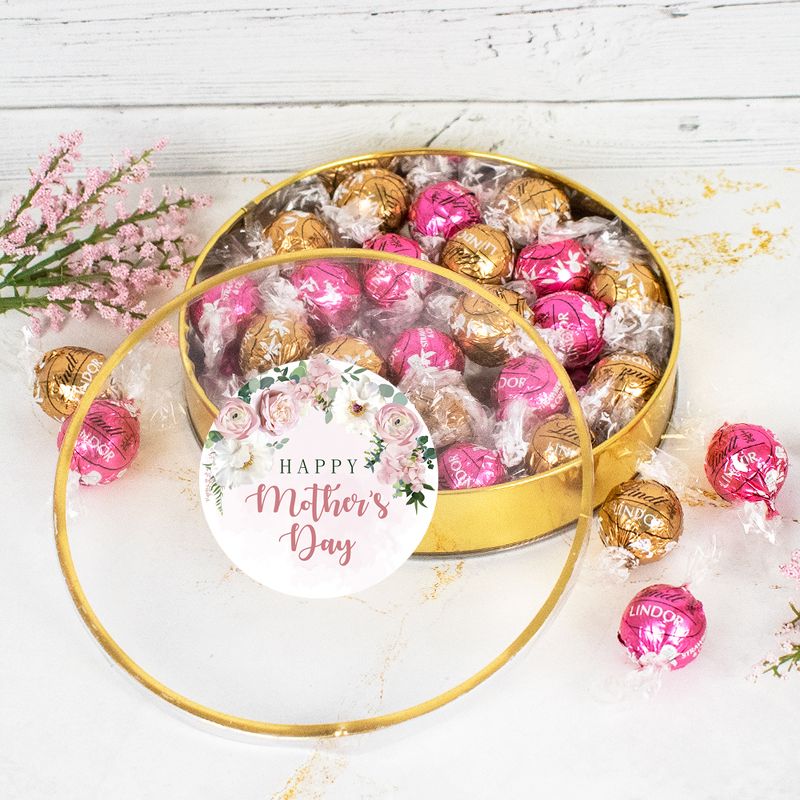 Mother's Day Candy Gift Tin with Chocolate Lindor Truffles by Lindt Large Plastic Tin with Sticker - Flowers - By Just Candy, 1 of 2