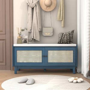 Okak Modern Shoe Storage Bench with Rattan Doors & Soft Cushioned Seat,Accent Wooden Shoe Bench for Entryway,Hallway - 1 of 4