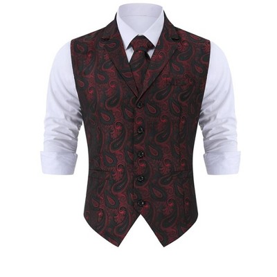 Men's Paisley Suit Vest and Tie Set Classic Floral Necktie Square Gothic Waistcoat for Tuxedo