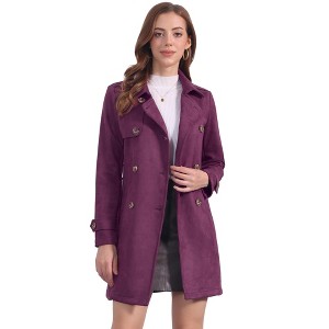Allegra K Women's Notched Lapel Double Breasted Faux Suede Trench Coat with Belt - 1 of 4