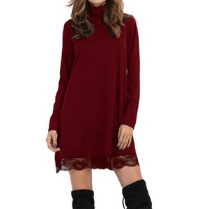 Women Knitting Turtleneck Long Sleeve Loose Lace Spliced Cotton Casual T Shirt Dress - 1 of 4