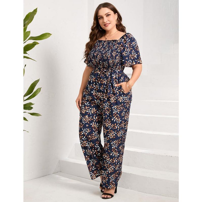 Whizmax Plus Size Casual Jumpsuits for Women Outfits Tie Belt Bell Sleeve Smocked Beach Wide Leg Floral Jumpsuits, 2 of 6