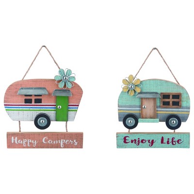 Transpac Wood/Metal Camper Sentiment Hanging Wall Sign Set of 2, Home Decorations 8.0 x 8.0 inch.
