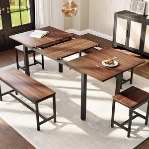 5-Piece Extendable Dining Table Set for 4-8 People, 63 Inch Kitchen Table with 2 Benches & 2 Stools, Space Saving Modern Dining Room Furniture - 1 of 4