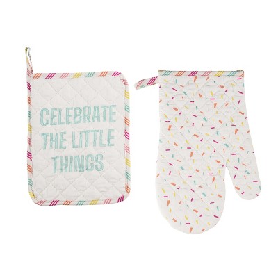 Totalee Gift Celebrate Pot Holder & Oven Mitt Set of 2 Cotton White