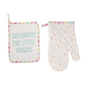 Totalee Gift Celebrate Pot Holder & Oven Mitt Set of 2 Cotton White - 1 of 2