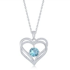 Bella Silver Sterling Silver Double Heart "March" Birthstone CZ 18" Pendant Necklace  - Aqua CZ - Aqua - 1 of 2
