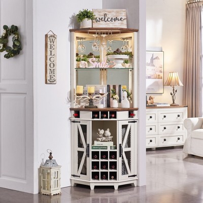 OKD 72" Corner Bar Storage Cabinet, Tall Wine Bar Cabinet w/Barn Door & Adjustable Shelf, Home Bar Cabinet w/LED Light & Glass Rack
