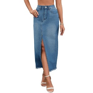 INSPIRE CHIC Women's Denim High Waist Split Front Raw Hem Washed with Pockets Maxi Skirt - 1 of 4