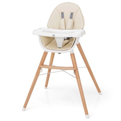 Babyjoy Baby High Chair Wooden Feeding Chair with 4-Gear Tray & Removable Cushion Beige